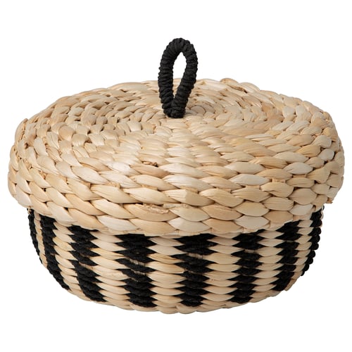 MÄVINN basket: round, woven natural & black banana fibres, cotton cord handle, for storage.