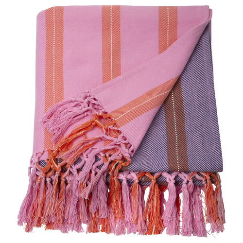 Handwoven pink and orange striped throw blanket with tassels, made from 100% cotton, ideal for cosy warmth.
