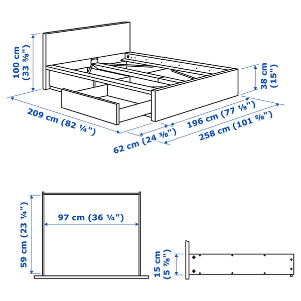 MALM Bed frame, high, w 2 storage boxes, grey stained/Leirsund, 180x200 cm