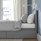 MALM Bed frame, high, w 2 storage boxes, grey stained/Leirsund, 90x200 cm