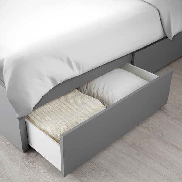 MALM Bed frame, high, w 2 storage boxes, grey stained/Lindbåden, 90x200 cm