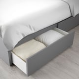 MALM Bed frame, high, w 2 storage boxes, grey stained/Lindbåden, 90x200 cm