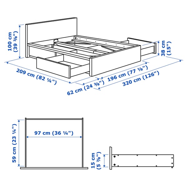 MALM Bed frame, high, w 4 storage boxes, grey stained/Leirsund, 180x200 cm