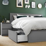 MALM Bed frame, high, w 4 storage boxes, grey stained/Leirsund, 160x200 cm