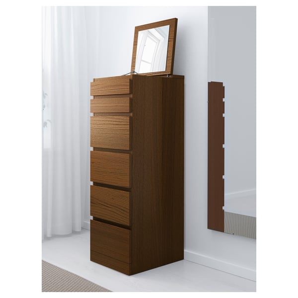 Malm Chest Of 6 Drawers Brown Stained Ash Veneer Mirror Glass