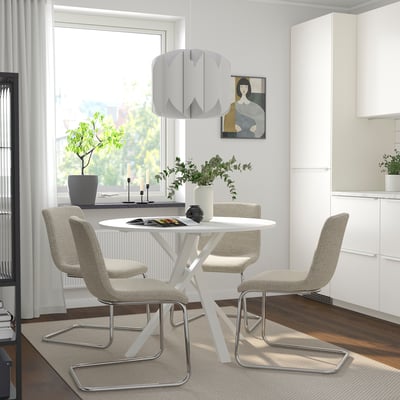 MARIEDAMM / LUSTEBO Table and 4 chairs, stone effect white/Viarp beige/brown, 105 cm