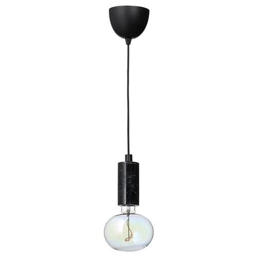 Elegant black pendant lamp with marble socket, hanging led bulb, multicoloured, shimmering like a bubble.