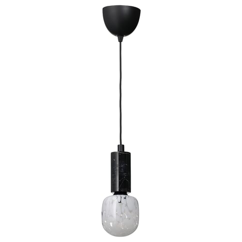 Modern black pendant lamp with marble socket and frosted glass bulb.
