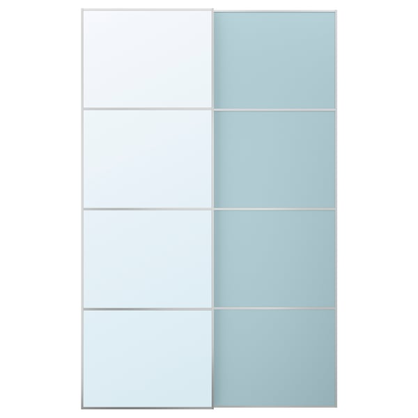 MEHAMN/AULI Pair of sliding doors, aluminium double sided/light blue mirror glass, 150x236 cm