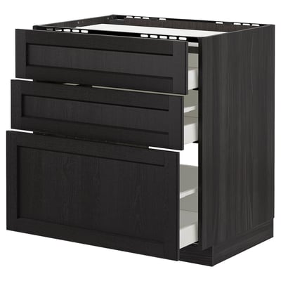 METOD Base cab f hob/3 fronts/3 drawers, black/Lerhyttan black stained, 80x60 cm