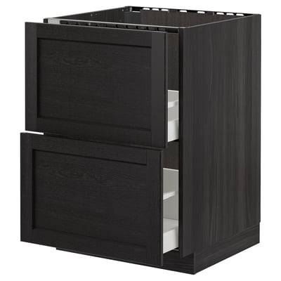 METOD Base cab f sink+2 fronts/2 drawers, black/Lerhyttan black stained, 60x60 cm