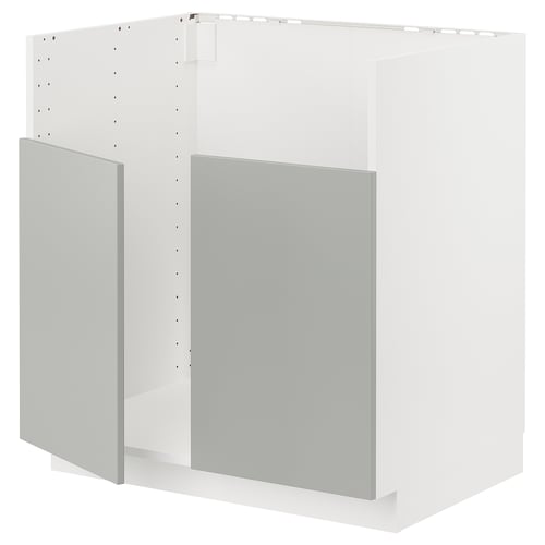 This image shows a white METOD kitchen cabinet with grey havstorp doors, featuring a sleek, modern design.