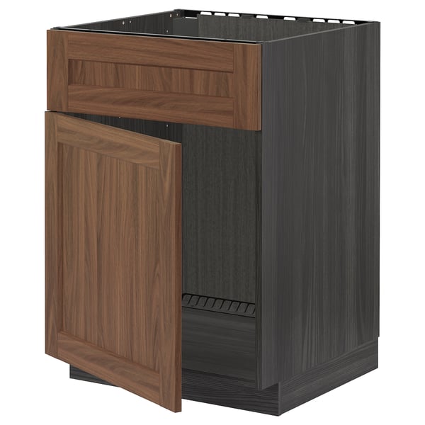 METOD Base cabinet f sink w door/front, black Enköping/brown walnut effect, 60x60 cm