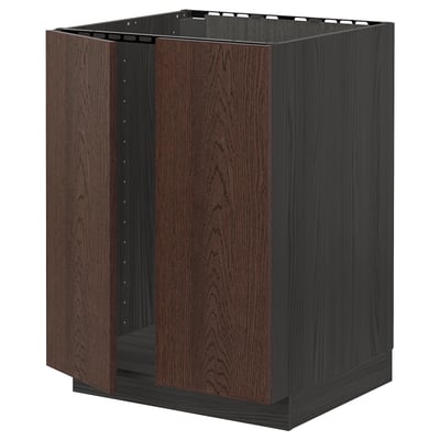 METOD Base cabinet for sink + 2 doors, black/Sinarp brown, 60x60 cm