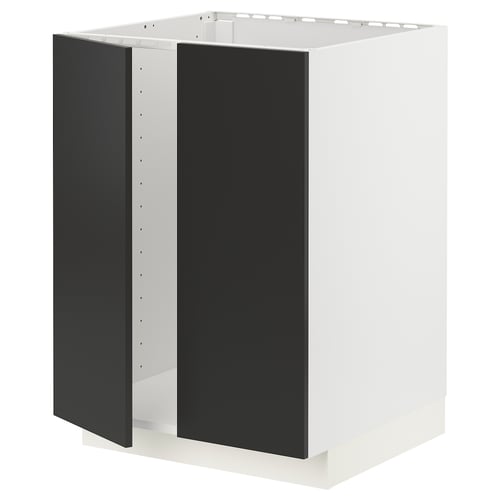 A modern, angular, black and white METOD kitchen unit with snap-on hinges, designed for built-in appliances.