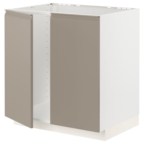 METOD kitchen cabinet in grey-beige, modern design, square shape, white frame, integrated handle.