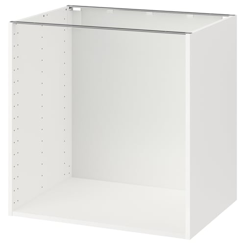 A white METOD kitchen cabinet frame. Its a modern, rectangular design with a sleek, clean look, and ready-made holes for shelf adjustment.