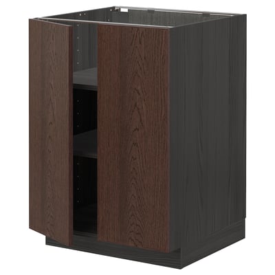 METOD Base cabinet with shelves/2 doors, black/Sinarp brown, 60x60 cm