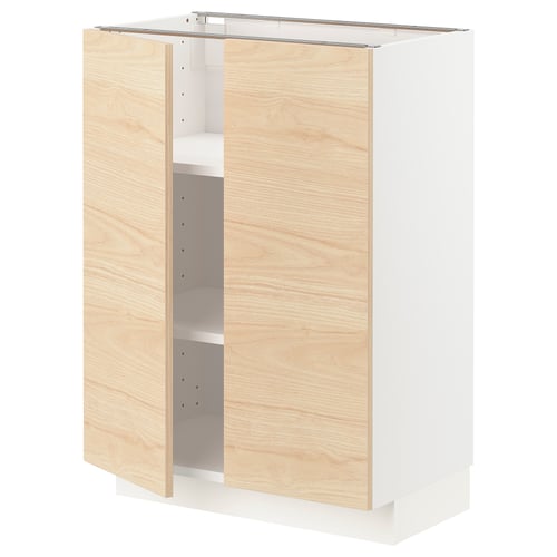 A light-colored kitchen cabinet named METOD with light ash wood pattern doors. It a sturdy frame and adjustable shelves.