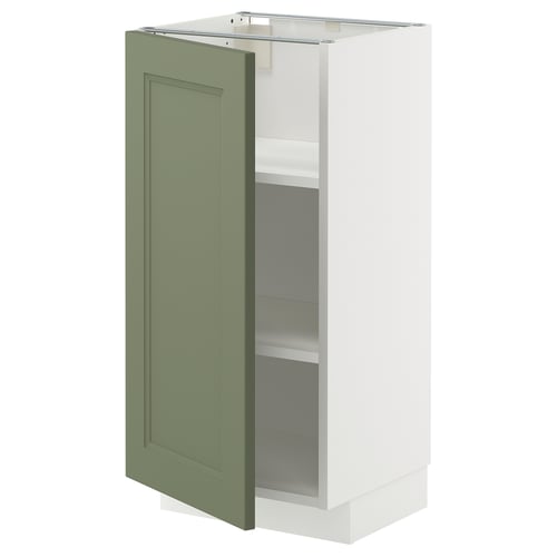 METOD kitchen cabinet, grey-green, slim rectangular design with white interior, single adjustable shelf.