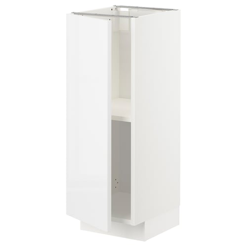 A white METOD kitchen cabinet with glossy finish, rectangular shape, and open shelf.