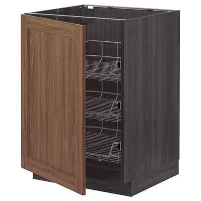 METOD Base cabinet with wire baskets, black Enköping/brown walnut effect, 60x60 cm