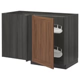 METOD Corner base cab w pull-out fitting, black Enköping/brown walnut effect, 128x68 cm