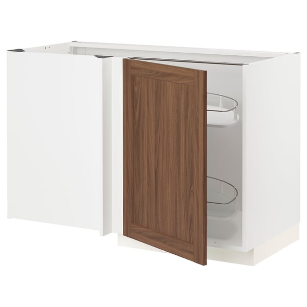 METOD Corner base cab w pull-out fitting, white Enköping/brown walnut effect, 128x68 cm
