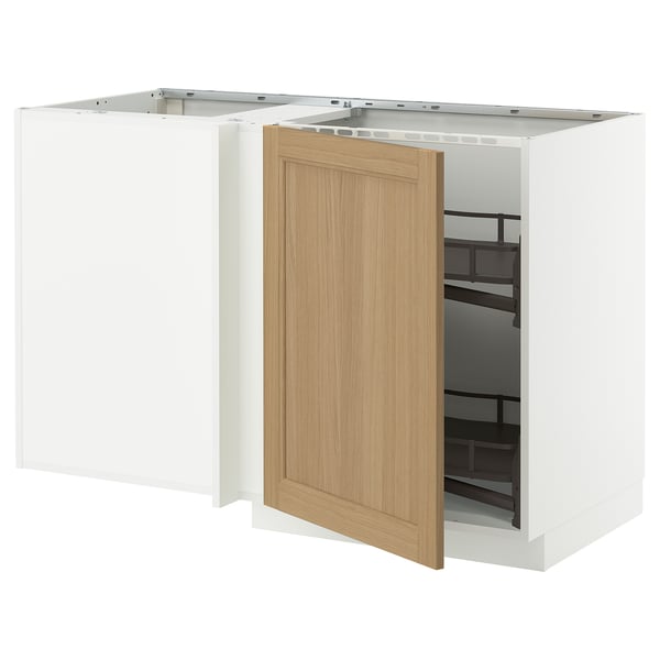 METOD Corner base cab w pull-out fitting, white/Vedhamn oak, 128x68 cm