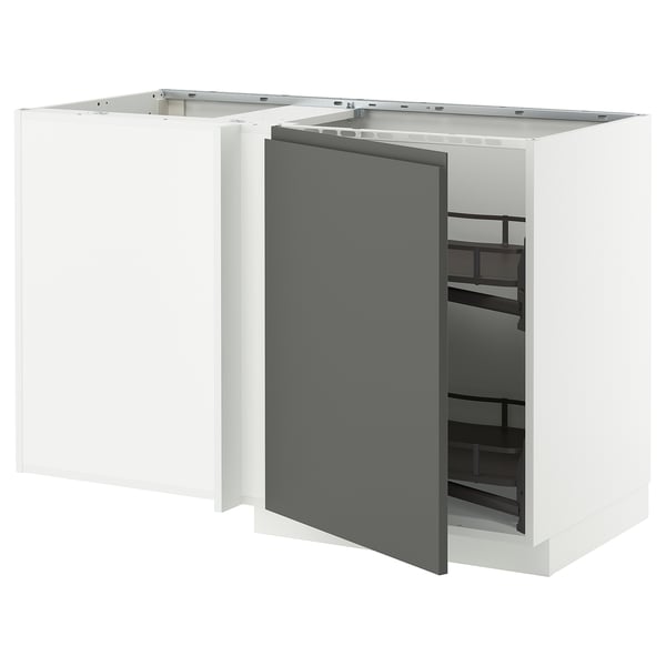 METOD Corner base cab w pull-out fitting, white/Voxtorp dark grey, 128x68 cm