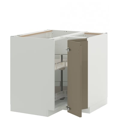 METOD Corner base cabinet with carousel, white/Voxtorp high-gloss dark grey-brown, 88x88 cm
