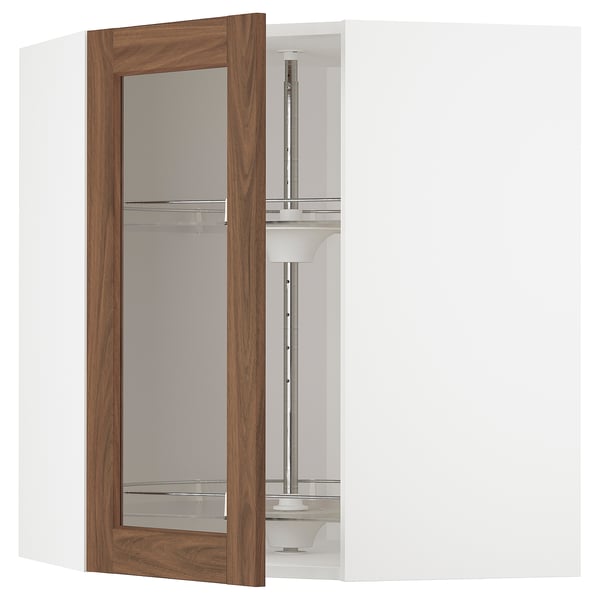 METOD Corner wall cab w carousel/glass dr, white Enköping/brown walnut effect, 68x80 cm