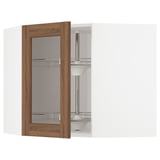 METOD Corner wall cab w carousel/glass dr, white Enköping/brown walnut effect, 68x60 cm