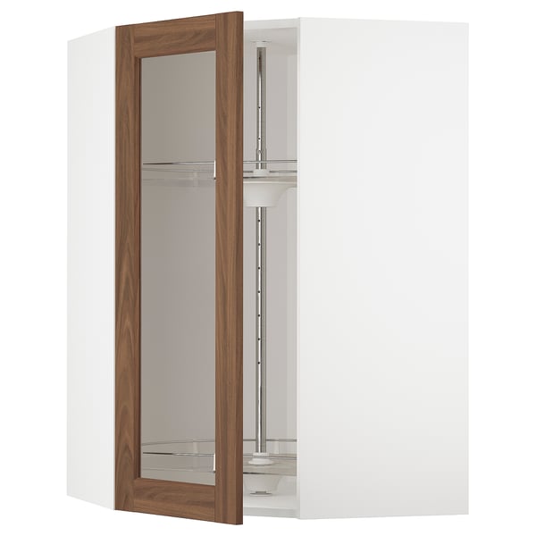 METOD Corner wall cab w carousel/glass dr, white Enköping/brown walnut effect, 68x100 cm