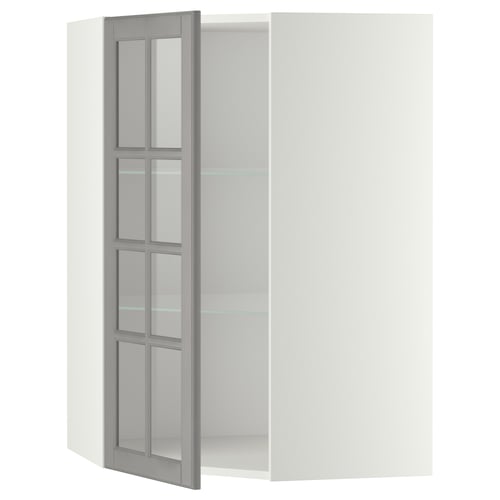 Open white METOD kitchen cabinet with grey bodbẙn glass door featuring bevelled edges.