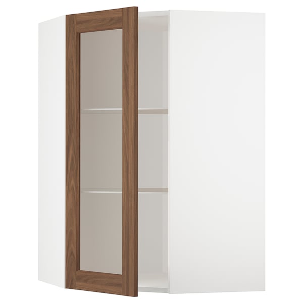METOD Corner wall cab w shelves/glass dr, white Enköping/brown walnut effect, 68x100 cm