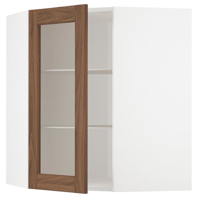 METOD Corner wall cab w shelves/glass dr, white Enköping/brown walnut effect, 68x80 cm