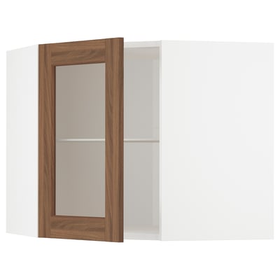METOD Corner wall cab w shelves/glass dr, white Enköping/brown walnut effect, 68x60 cm