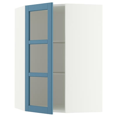METOD Corner wall cab w shelves/glass dr, white/Lerhyttan blue, 68x100 cm