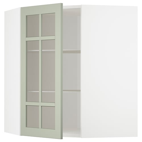 A green ikea METOD kitchen cabinet with adjustable shelves and a glass door in a grid pattern.