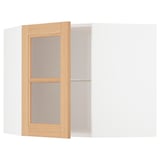 METOD Corner wall cab w shelves/glass dr, white/Vedhamn oak, 68x60 cm