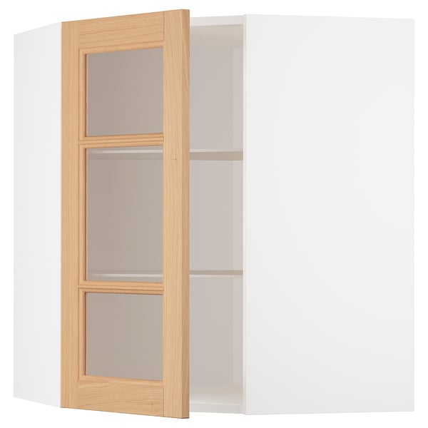 METOD Corner wall cab w shelves/glass dr, white/Vedhamn oak, 68x80 cm