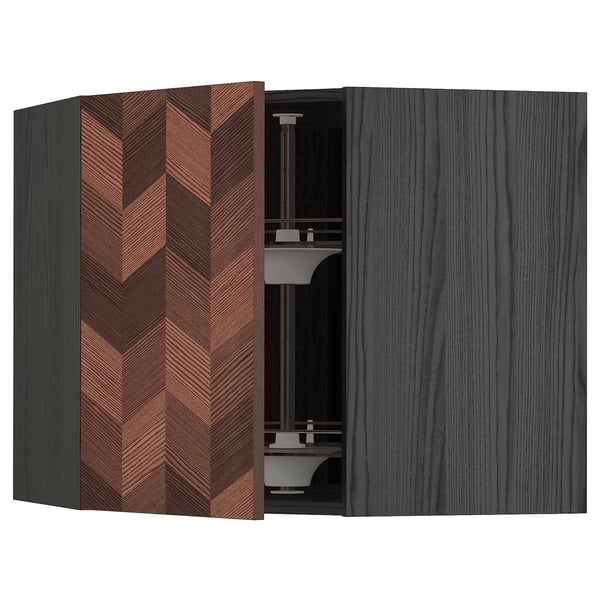 METOD Corner wall cabinet with carousel, black Hasslarp/brown patterned, 68x60 cm