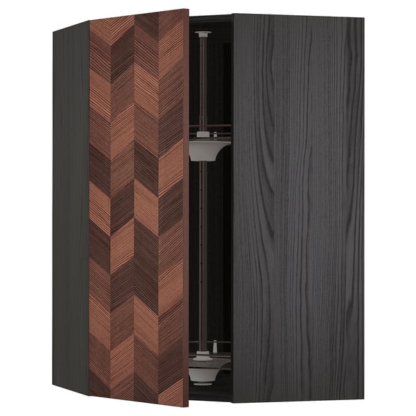 METOD Corner wall cabinet with carousel, black Hasslarp/brown patterned, 68x100 cm