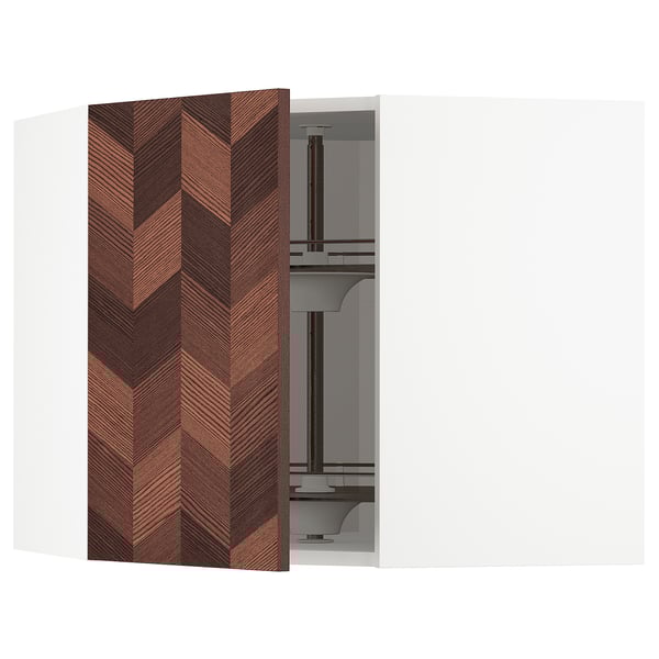 METOD Corner wall cabinet with carousel, white Hasslarp/brown patterned, 68x60 cm