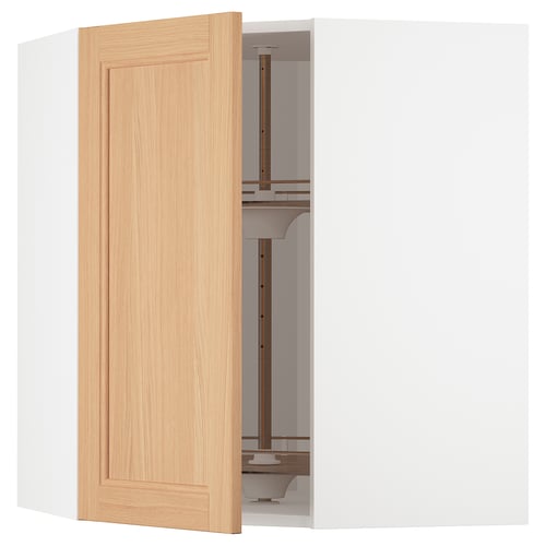 Ikea METOD kitchen cabinet with oak door open, revealing glass shelf inside.