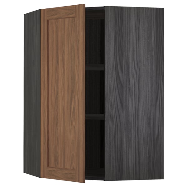 METOD Corner wall cabinet with shelves, black Enköping/brown walnut effect, 68x100 cm