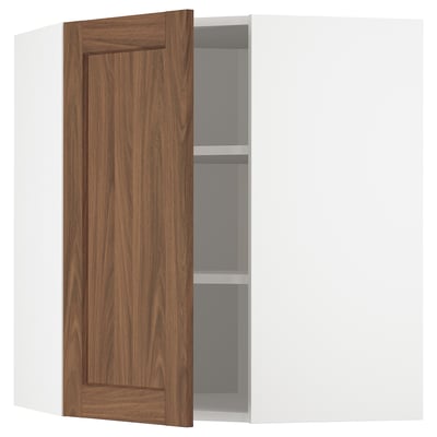 METOD Corner wall cabinet with shelves, white Enköping/brown walnut effect, 68x80 cm