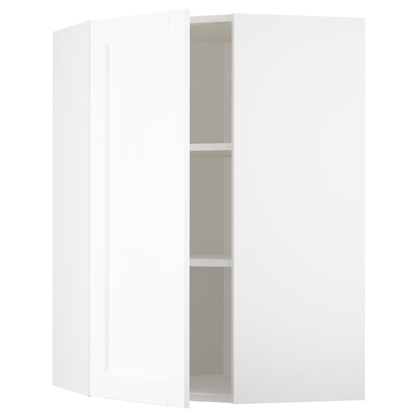 White METOD corner cabinet, minimalist design, adjustable shelves.