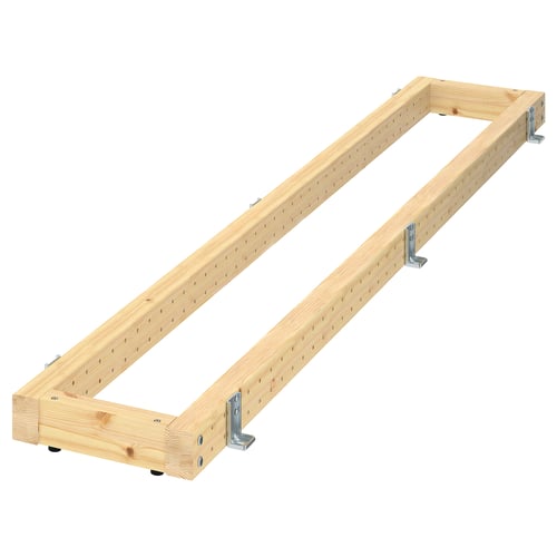 A METOD wooden floor anchoring frame. It is light brown, rectangular, and has adjustable metal brackets for levelling.